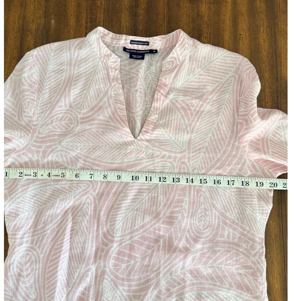 Island Company Mandarin Beach Tunic Pink White Leaf Print 100%‎ Linen Womens M - Picture 9 of 11